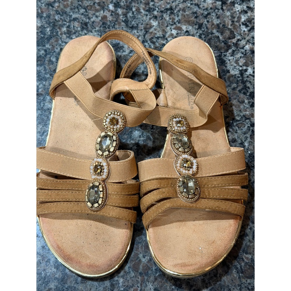 Patrizia by Spring Step Thelena Tan Embellished T-Strap Flat‎ Sandals Women 10